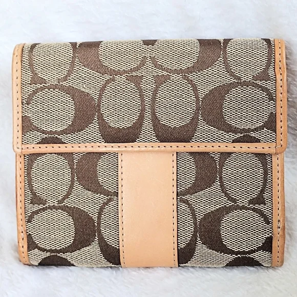 ๐ Vintage Y2K Coach Hampton Khaki Signature Stripe Compact Clutch Wallet - Picture 6 of 12